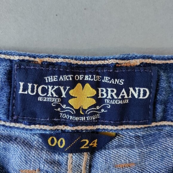 Lucky Brand Riley Short Floral Lace Raw Hem Mid-Rise Wash Denim Size 24 Women - Picture 9 of 13